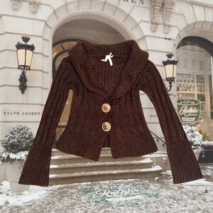 Vintage Y2K 90s Whimsical Goth Cottage Brown Babydoll Bell Sleeve Knit  Sweater